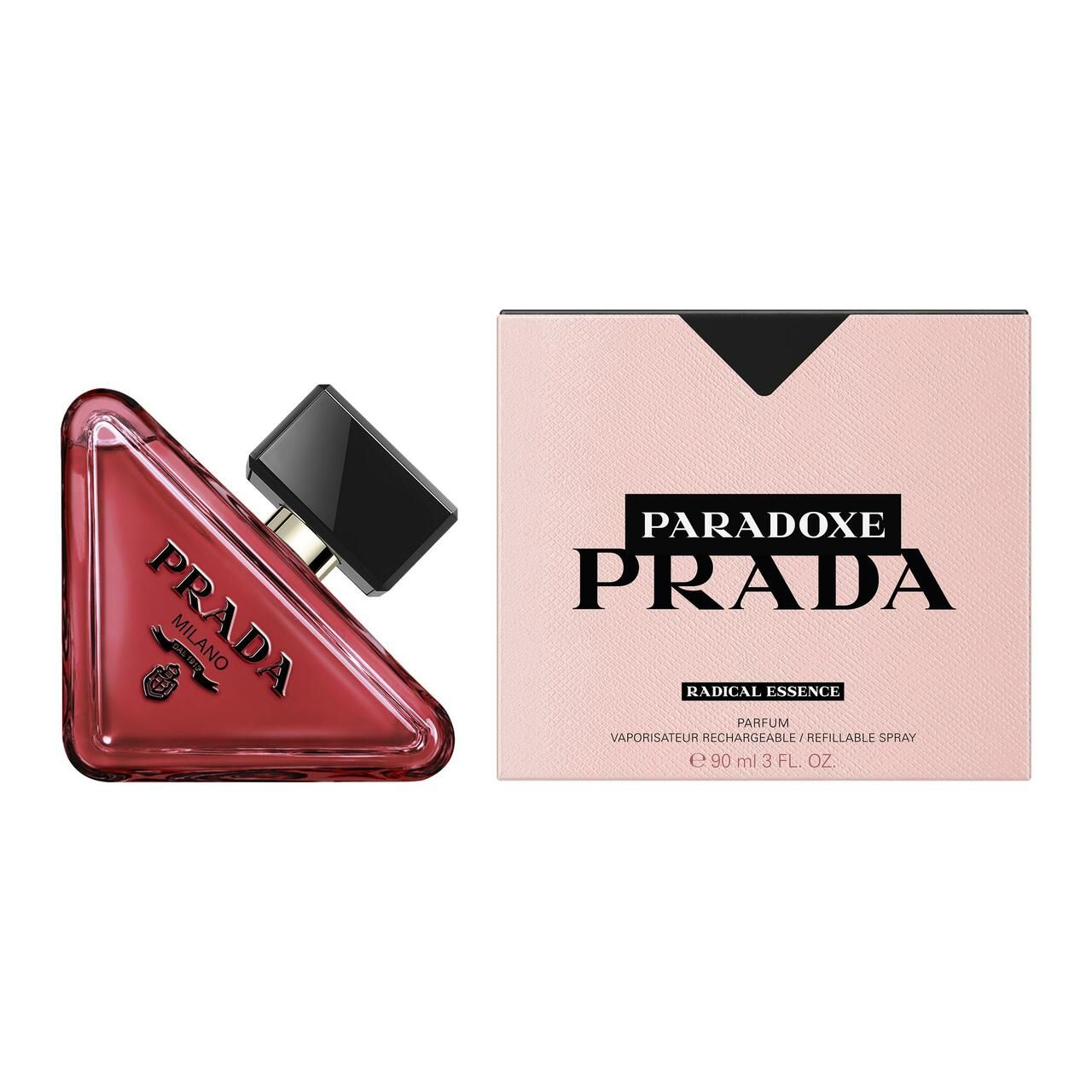 Flacone triangolare rosso e confezione rosa. Scritta: PARADOXE PRADA, RADICAL ESSENCE. Flacone con tappo nero.