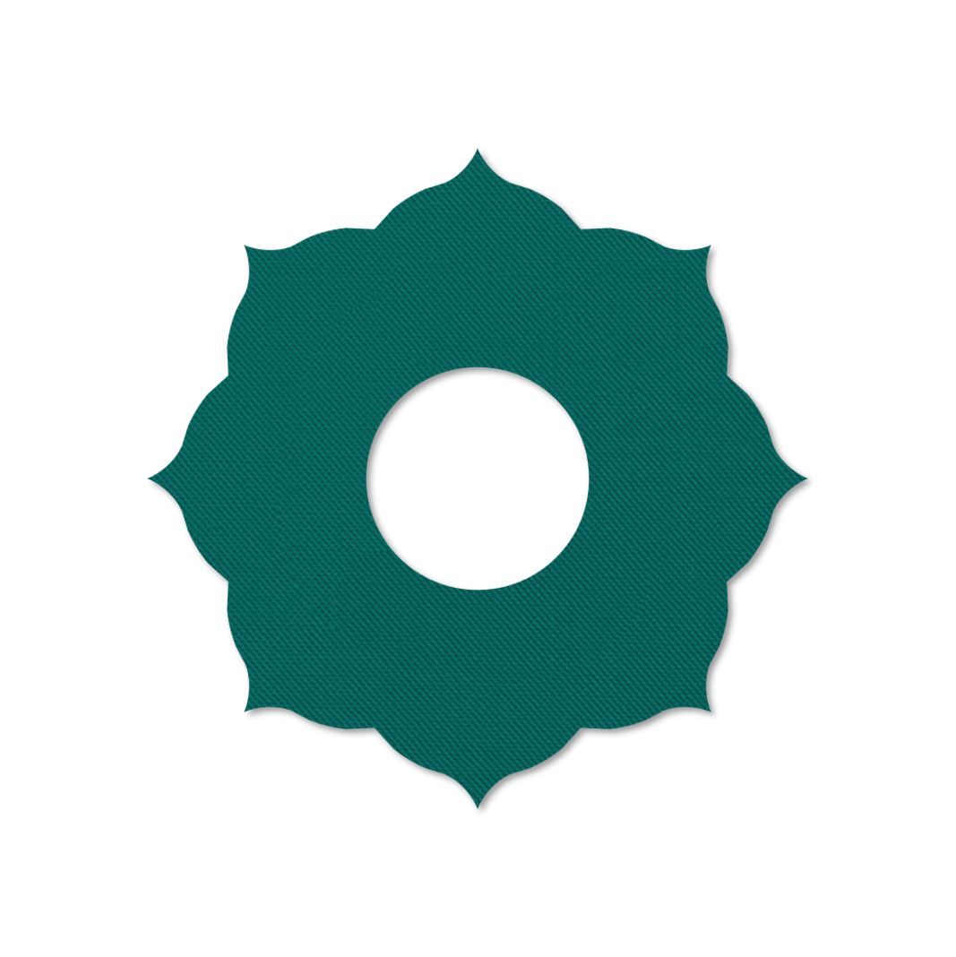 Adesivo rotondo a forma di foglia, foro centrale. Diametro 65 mm, foro 20 mm. Verde turchese, trama fine.