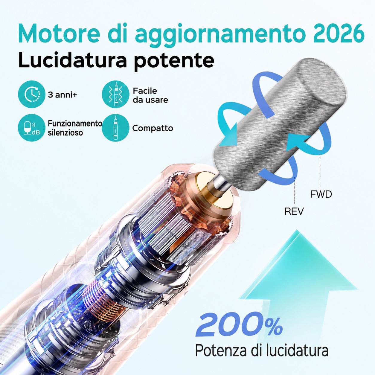 Testina per fresa per unghie con testo: Motore di aggiornamento 2026, lucidatura potente. Illustrazioni: 3 anni+, facile da usare, compatto.