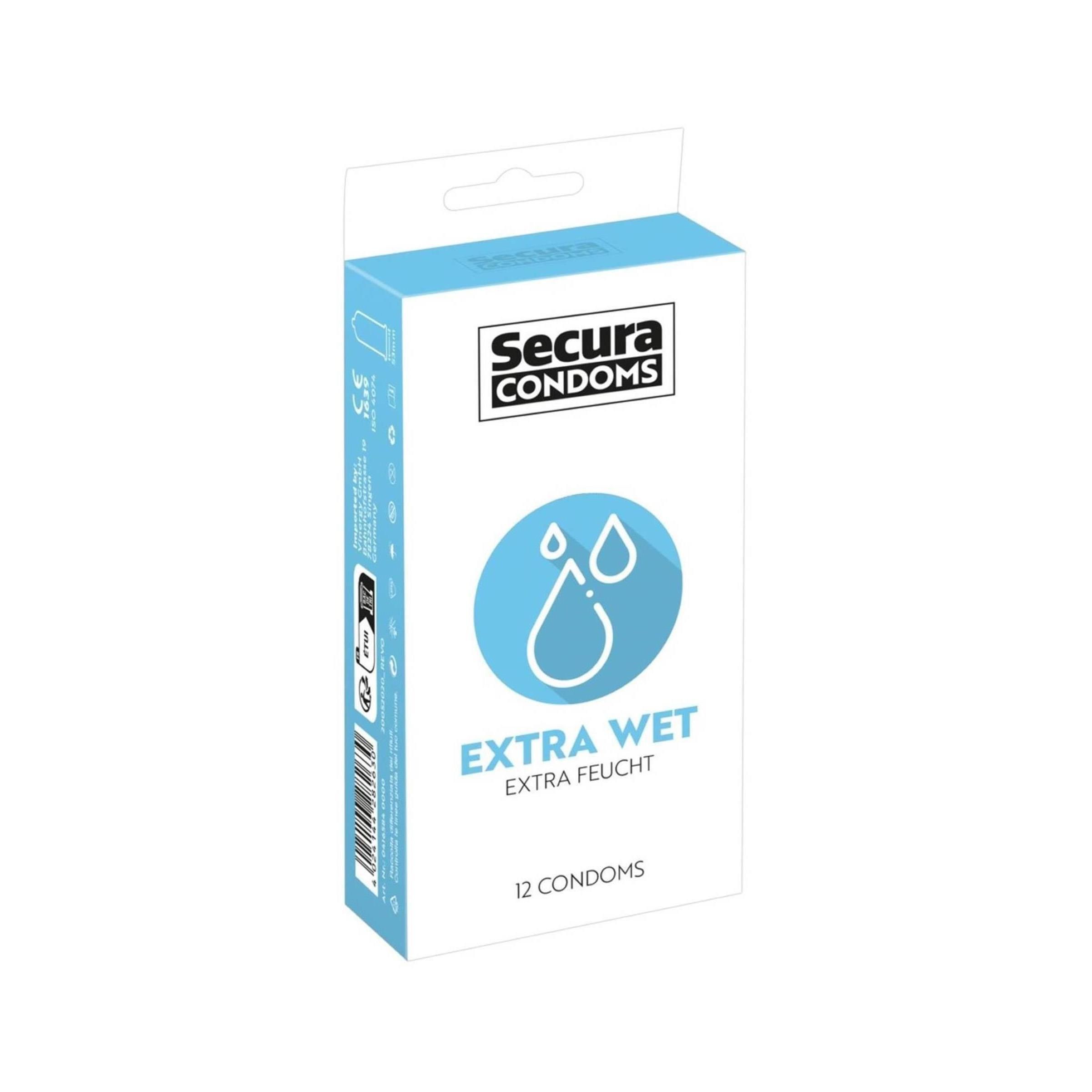 Confezione in cartone. 'Secura Condoms' e grafica blu con gocce. Testo 'Extra Wet'. Contiene 12 preservativi.