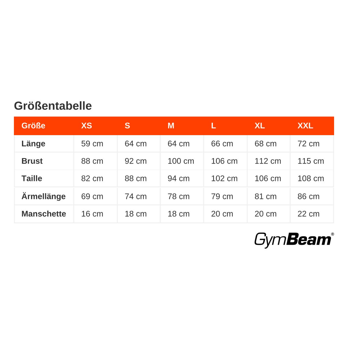 Tabella taglie con misure per lunghezza, petto, vita, lunghezza manica e polsino da XS a XXL. Logo GymBeam in basso a destra.