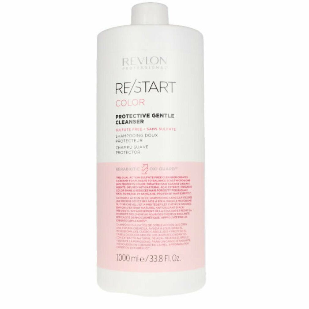 Flacone bianco con etichetta rosa. Testo: RE/START COLOR, Protective Gentle Cleanser. 1000 ml/33.8 fl oz.
