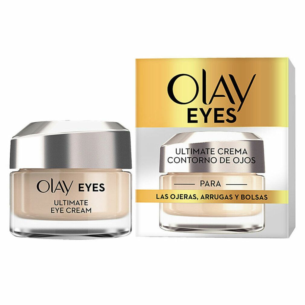 Olay Eyes Ultimate Eye Cream. Vasetto di crema con coperchio argentato e scatola. Testo: Olay Eyes, Ultimate Eye Cream, Contorno de Ojos.