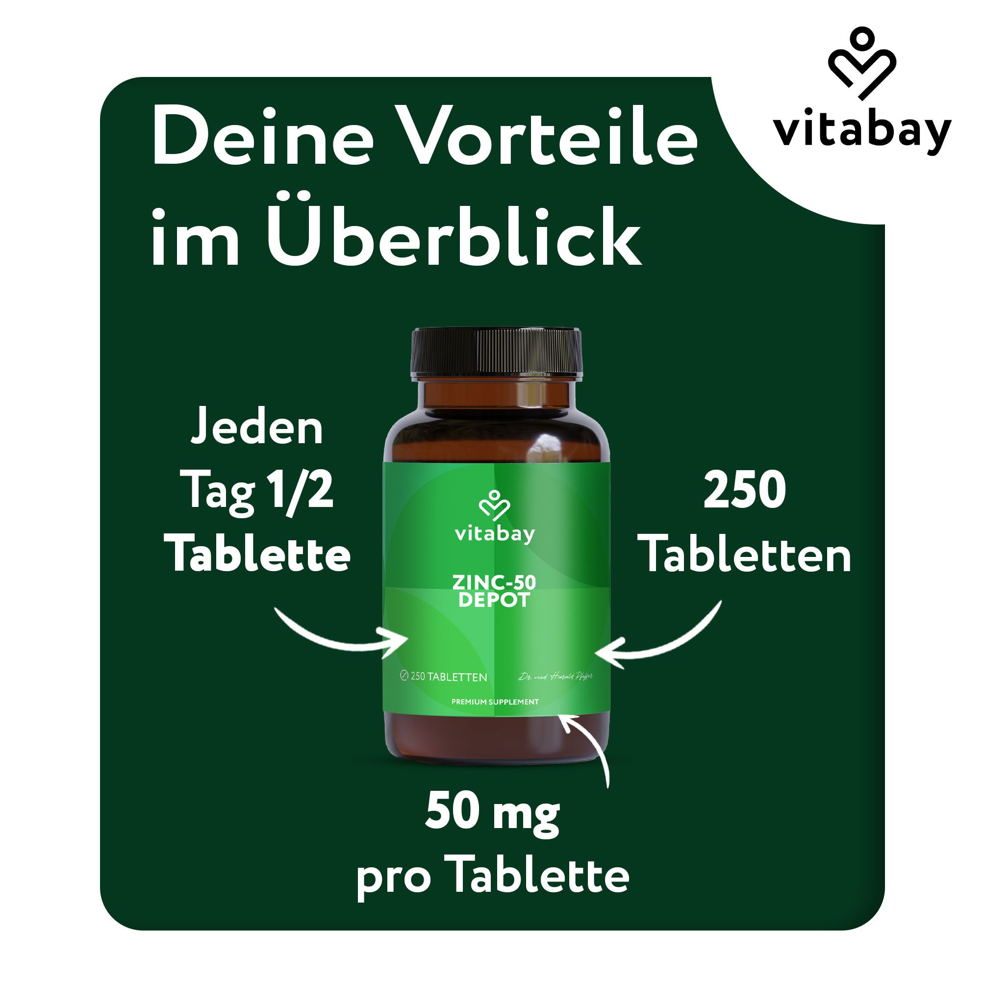 Flacone marrone con etichetta verde. Scritto: Vitabay ZINC-50 DEPOT, 250 compresse, 50 mg per compressa.