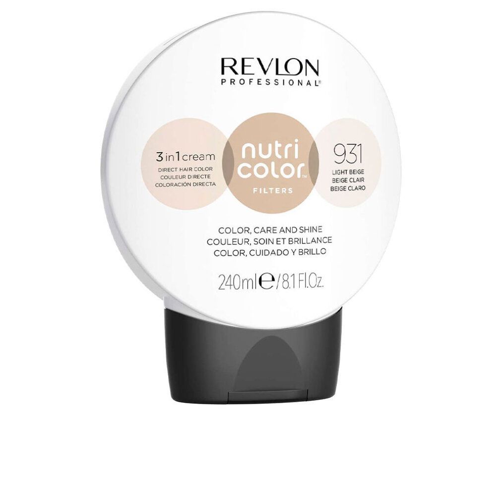 Tubo rotondo con tappo nero. Scritta: Revlon Professional, Nutri Color Filters 931. 240ml.
