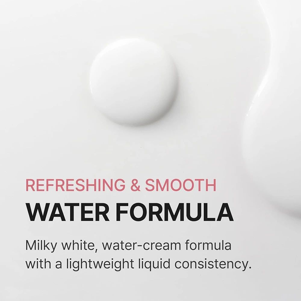 Formula bianco latte, acqua-crema. Testo: REFRESHING & SMOOTH WATER FORMULA.