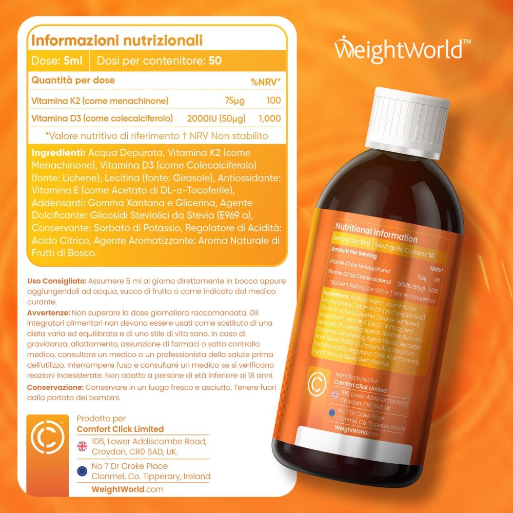 Informazioni nutrizionali. Vitamina K2 e D3. Ingredienti: acqua, menachinone, colecalciferolo, lecitina, aroma.