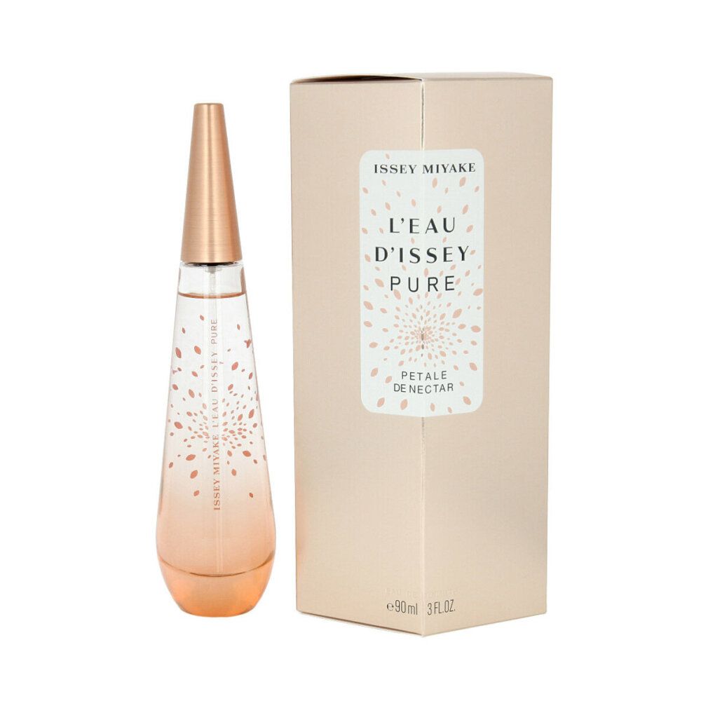 Flacone di profumo e confezione. Flacone a goccia, sfumatura rosa, tappo color rame. Scritta: Issey Miyake L'Eau d'Issey Pure.