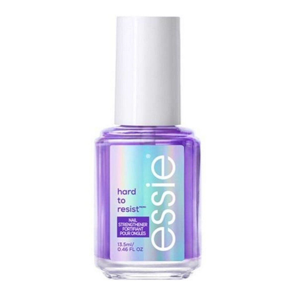 Essie Hard to Resist. Flacone con liquido viola, tappo bianco ed etichetta olografica. Nome e marchio visibili.