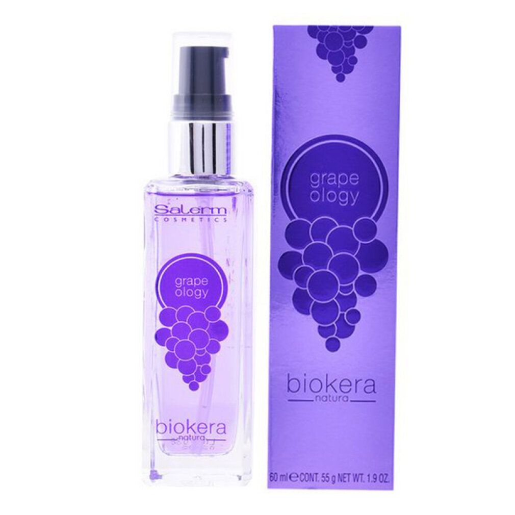 Flacone di Biokera Natura Grapeology Serum. Liquido viola in flacone rettangolare in vetro con dosatore e logo uva.