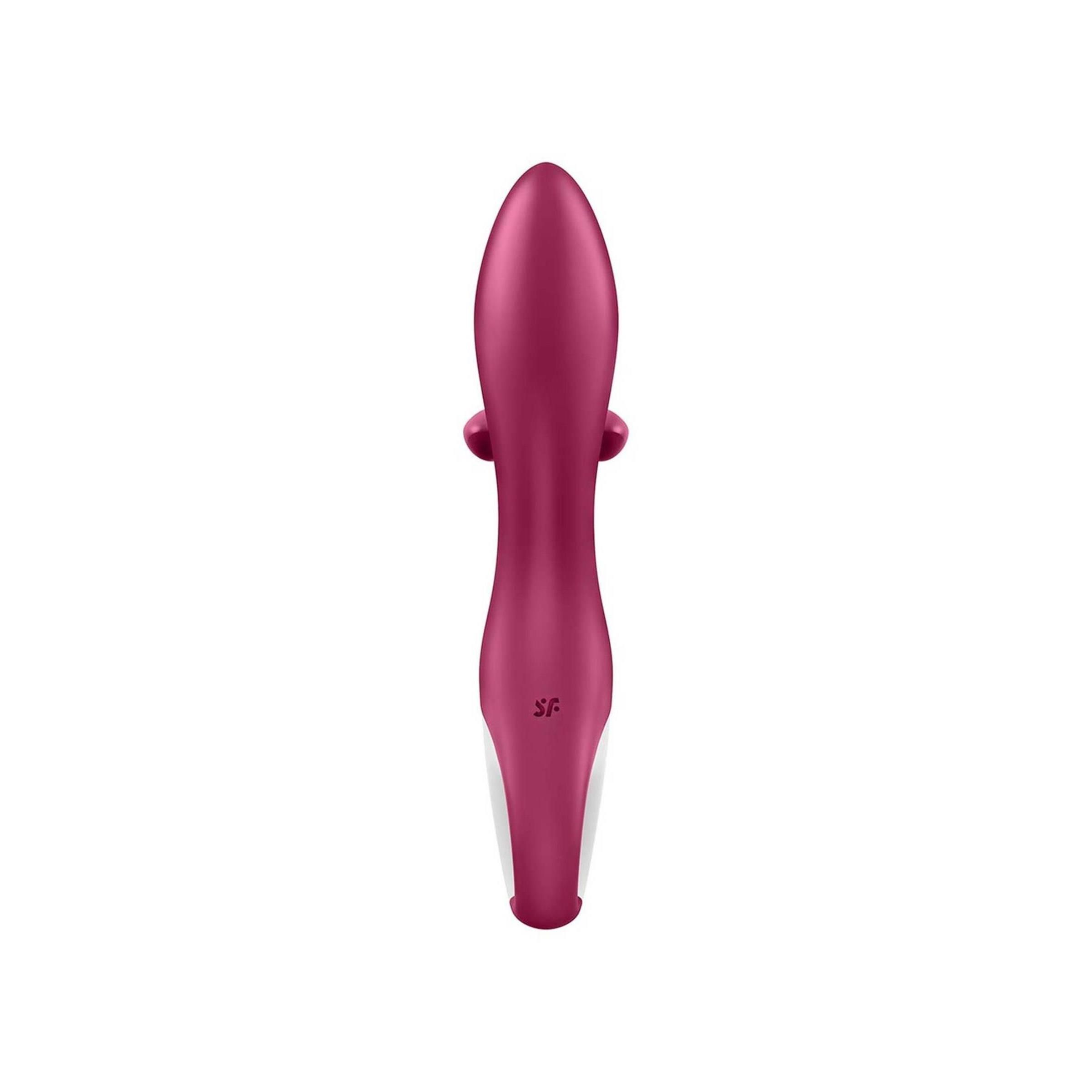 Un vibratore rosa con forma curva, anello e tre pulsanti di controllo.