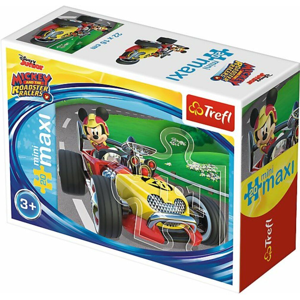 Puzzle Trefl Topolino: Il pilota, 20 pezzi. Confezione con motivo puzzle. Topolino in auto, logo e testo.