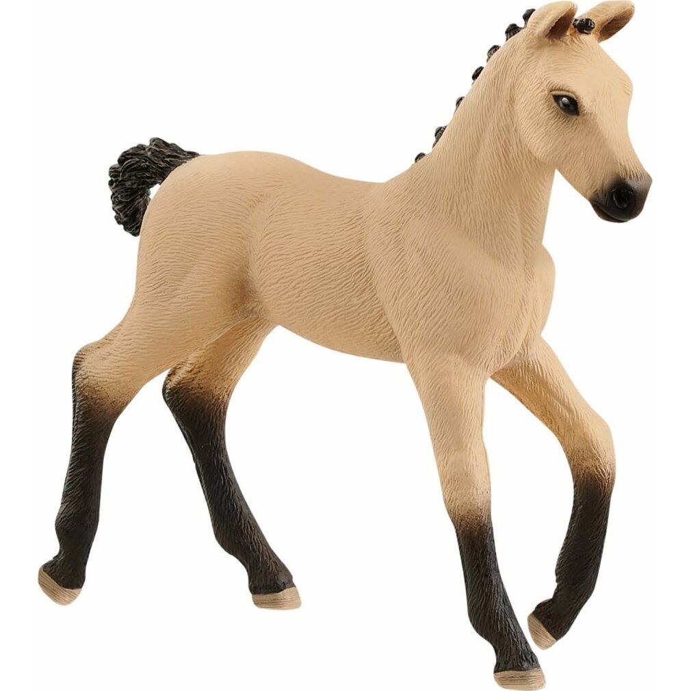 Figura di puledro marrone chiaro con zampe e criniera scure. Marchio: Schleich. In posa eretta.