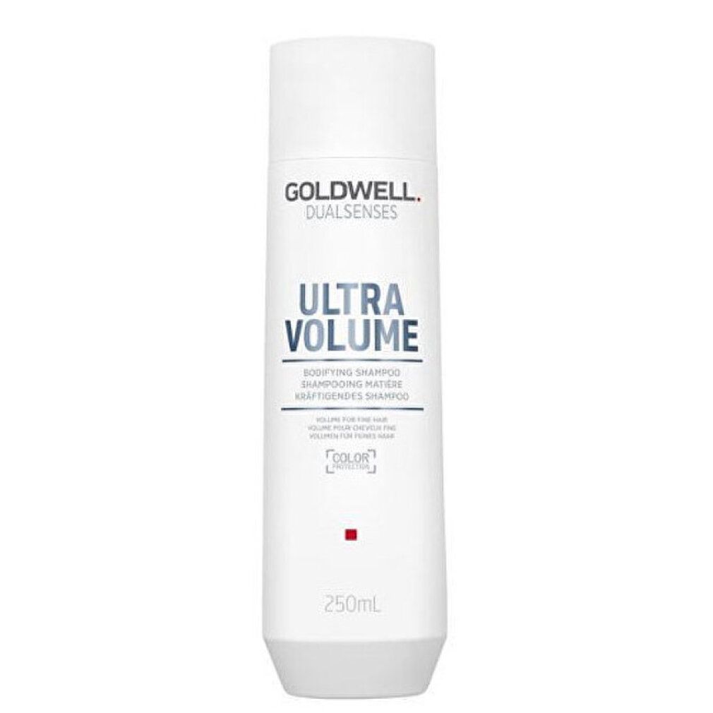 Flacone di shampoo bianco con logo Goldwell e scritta « Ultra Volume ». 250ml. Shampoo volumizzante.