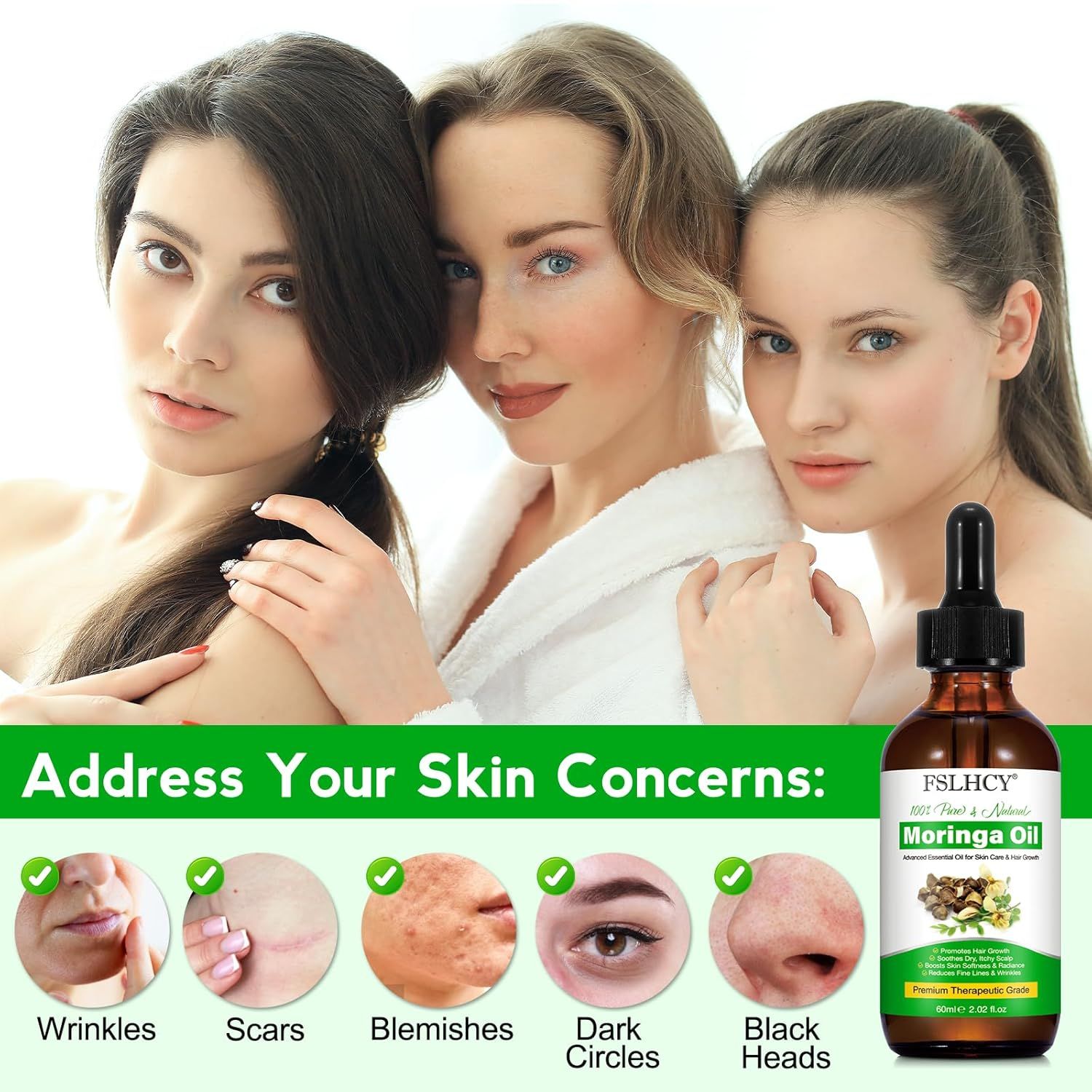 Tre donne con flacone di olio di Moringa. Scritta: Moringa Oil. Affronta i problemi della pelle: rughe, cicatrici, brufoli, occhiaie, punti neri.