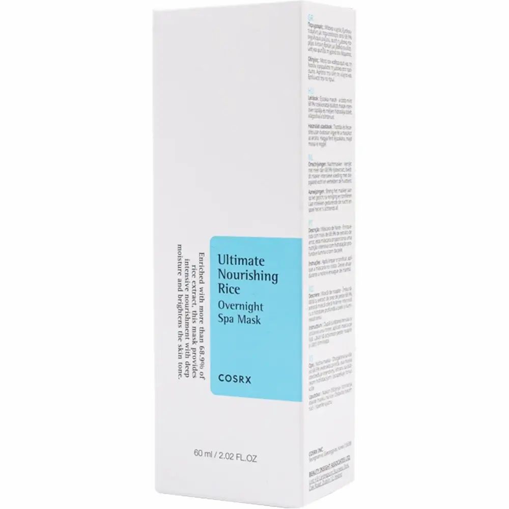 Tubo e scatola bianchi. Scritta: Ultimate Nourishing Rice Overnight Spa Mask. Marchio: COSRX.