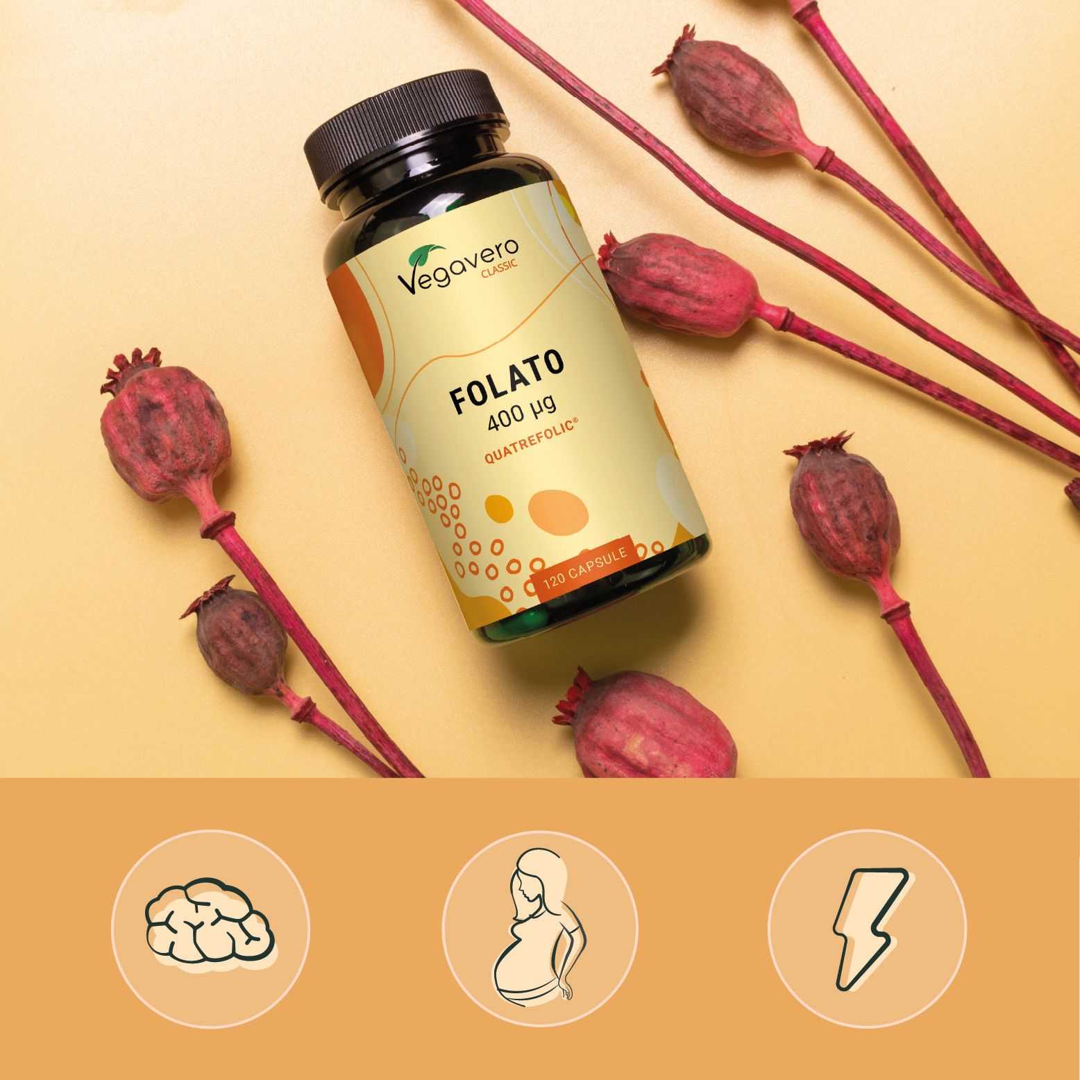 Flacone "Folat 400 µg Quatrefolic" e "120 Kapseln". Decorazione con capsule di papavero. Marchio: Vegavero.