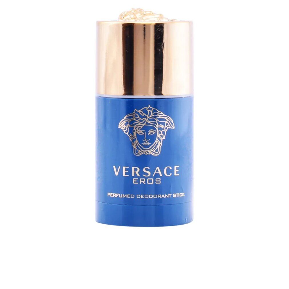 Stick deodorante blu con tappo dorato. Scritta: VERSACE EROS PERFUMED DEODORANT STICK. Logo Medusa dorato.