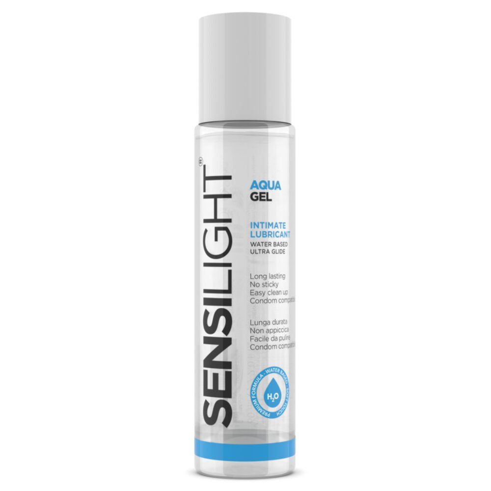 Flacone cilindrico con tappo bianco. Scritta: Sensilight, Aqua Gel, Intimate Lubricant, Water Based Ultra Glide.