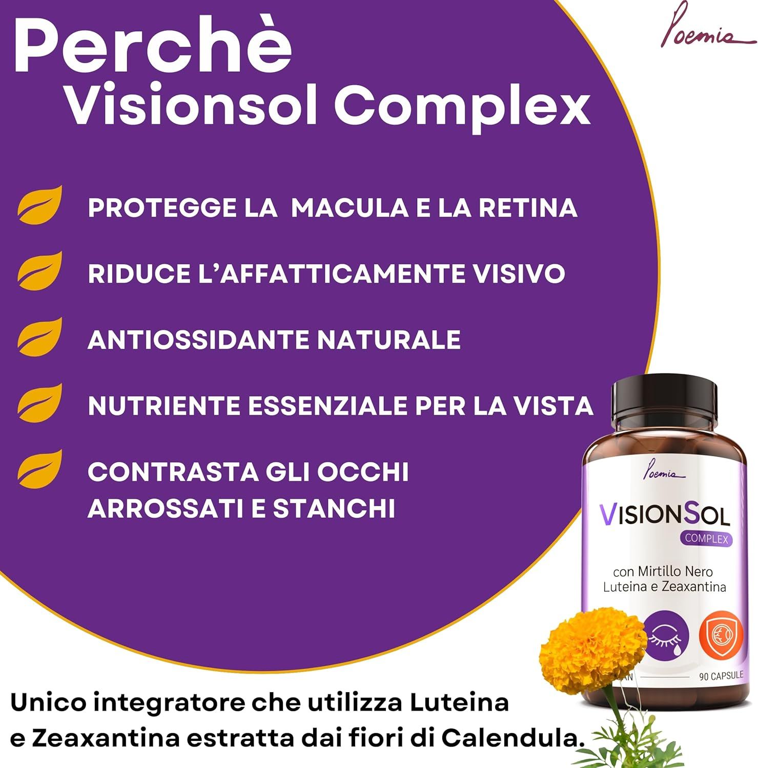 Flacone Poemia Visionsol Complex con informazioni su salute oculare e ingredienti.