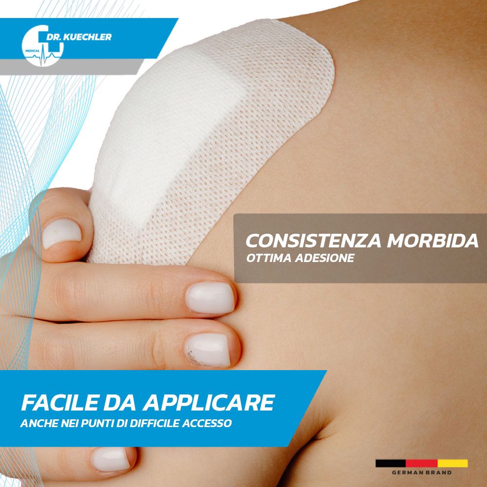 Braccio con cerotto. Testo: Facile da applicare, anche in punti difficili da raggiungere. Consistenza morbida.