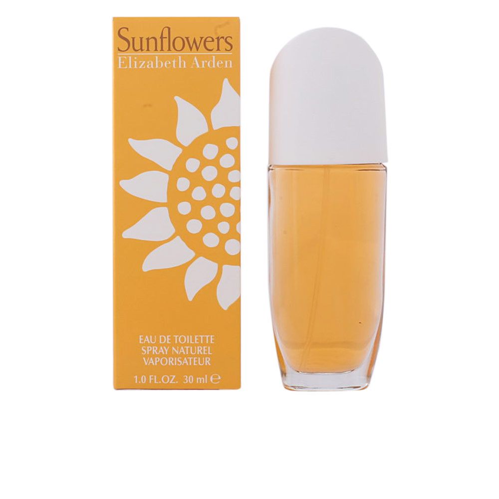 Flacone e scatola Elizabeth Arden Sunflowers. Liquido giallo in flacone di vetro con tappo bianco. Scatola gialla con motivo girasole.