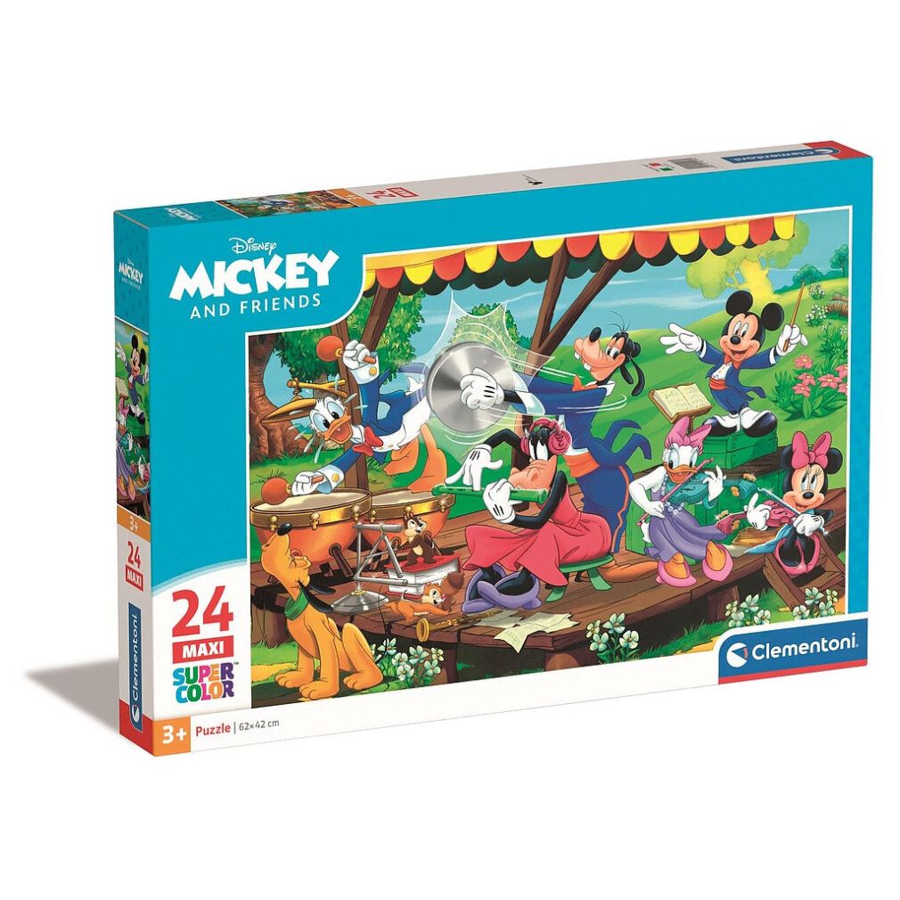 Puzzle Clementoni, Topolino e amici, Maxi, 24 pezzi. La confezione mostra il motivo del puzzle: Topolino e amici suonano musica. 62x42cm.