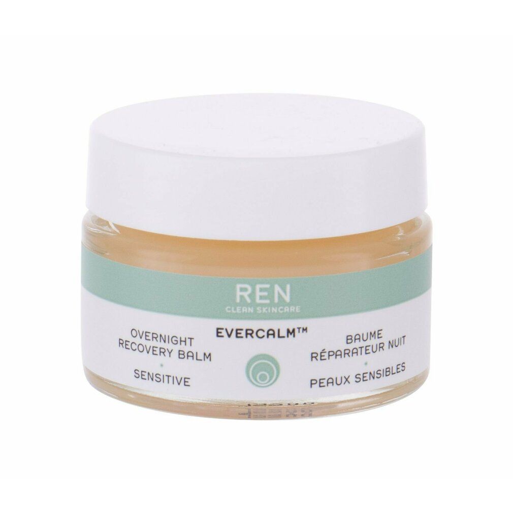 Vasetto di vetro con coperchio bianco. Scritta: REN CLEAN SKINCARE, EVERCALM, Overnight Recovery Balm, Sensitive. Fascia turchese.