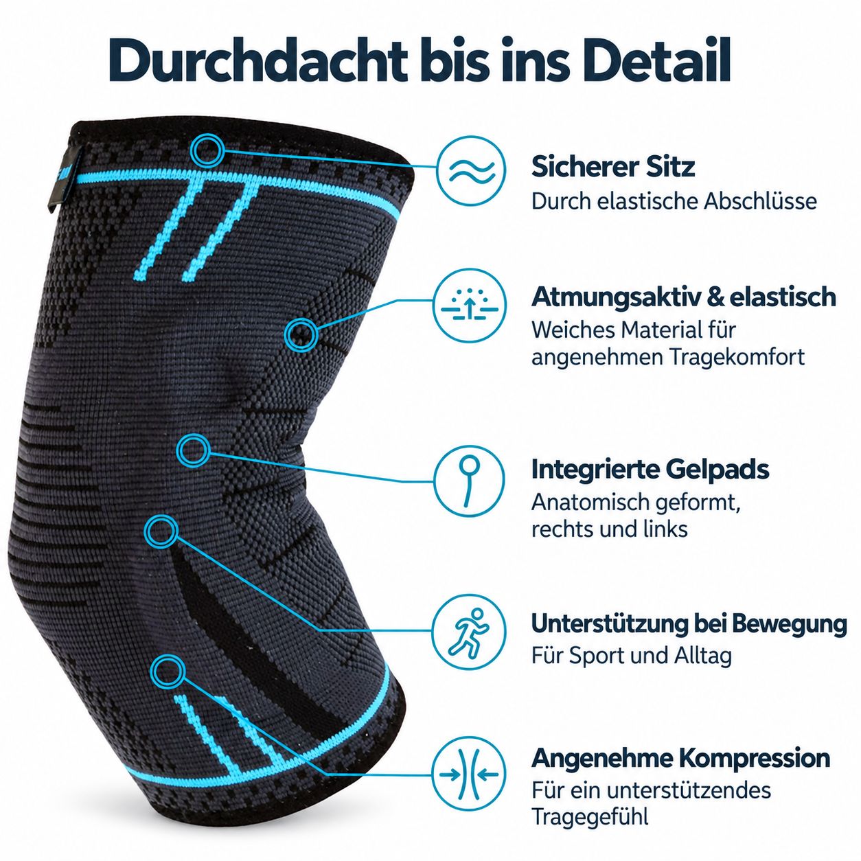 Fascia elastica con cuscinetti in gel e zone di compressione per il supporto del gomito.