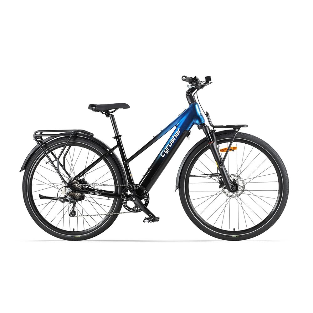 Bicicletta elettrica Cyrusher Asuka nera e blu, con portapacchi e parafanghi. Pneumatici e sella neri.
