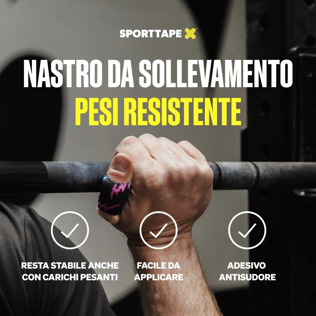 Mani che avvolgono un nastro rosa-blu su un dito. Il nastro è strappabile a mano.
