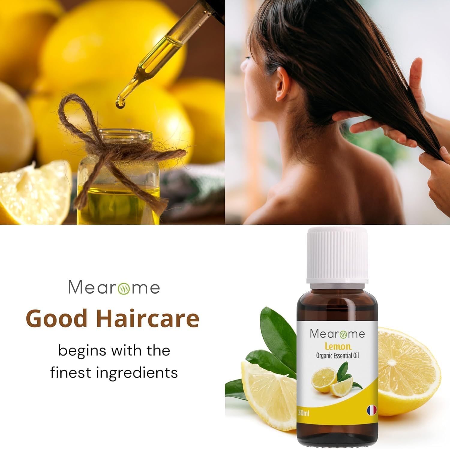 Flacone di olio di limone, donna, limone, pipetta. Testo: Good Haircare begins with the finest ingredients. Marchio: Mearome.