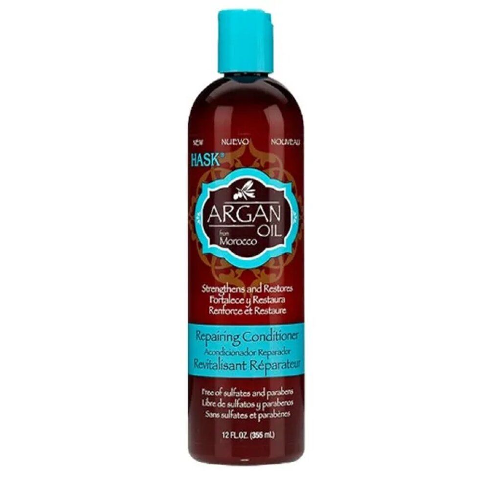 Flacone marrone con tappo blu. Scritta: Hask Argan Oil, Repairing Conditioner. Contiene 355 ml.