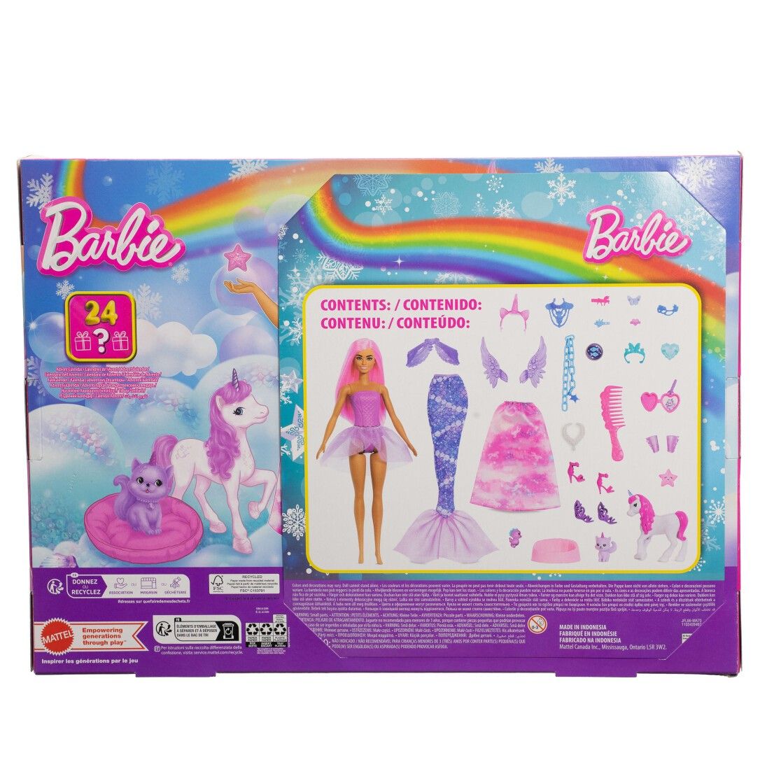 Retro del calendario dell'Avvento Barbie. Contiene bambola, unicorno, gatto, vestiti e accessori. Con logo e contenuto.
