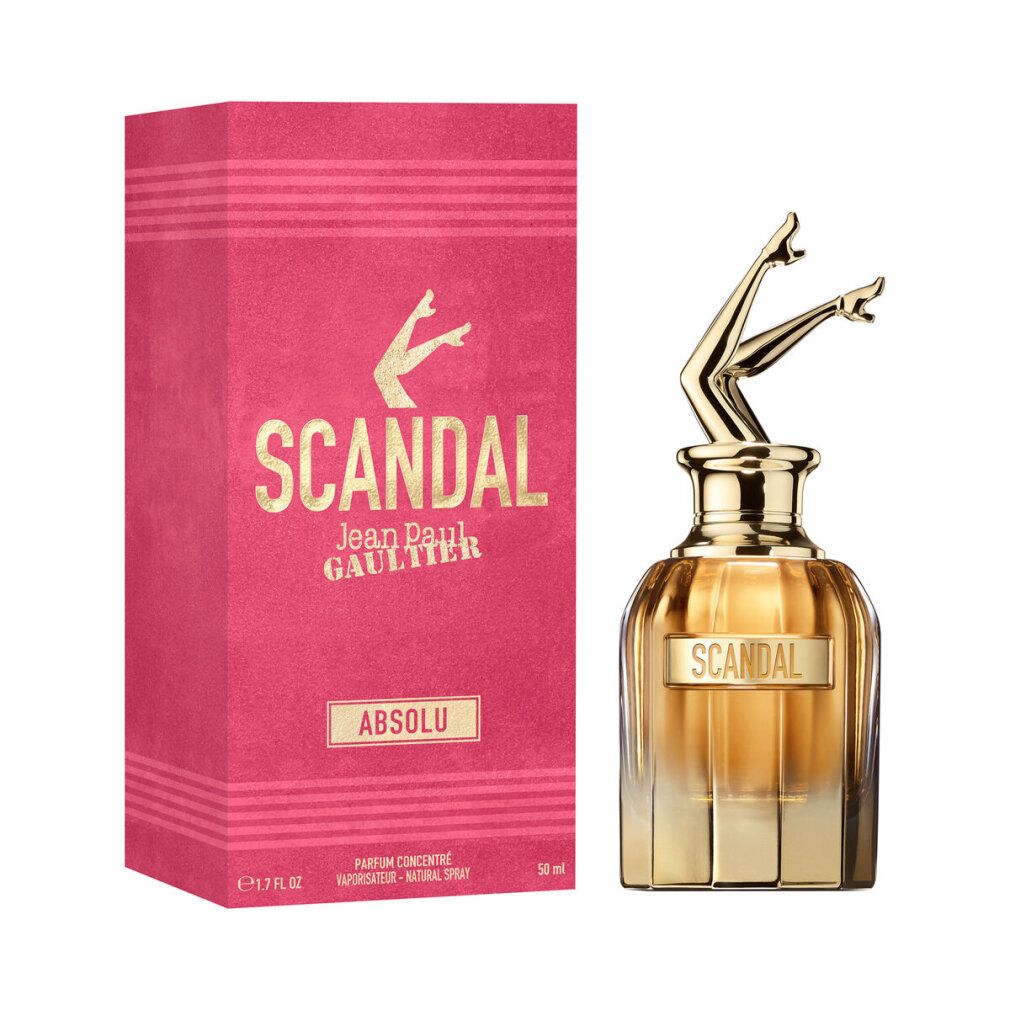 Flacone di profumo con gambe dorate come tappo. Scatola rossa con scritta dorata "SCANDAL" e "Jean Paul Gaultier".