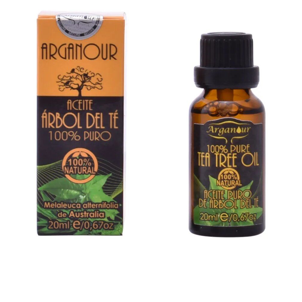 Flacone di vetro marrone e scatola. Scritta: Arganour, Aceite Árbol del Té 100% Puro. 100% Natural. Illustrazione foglie.