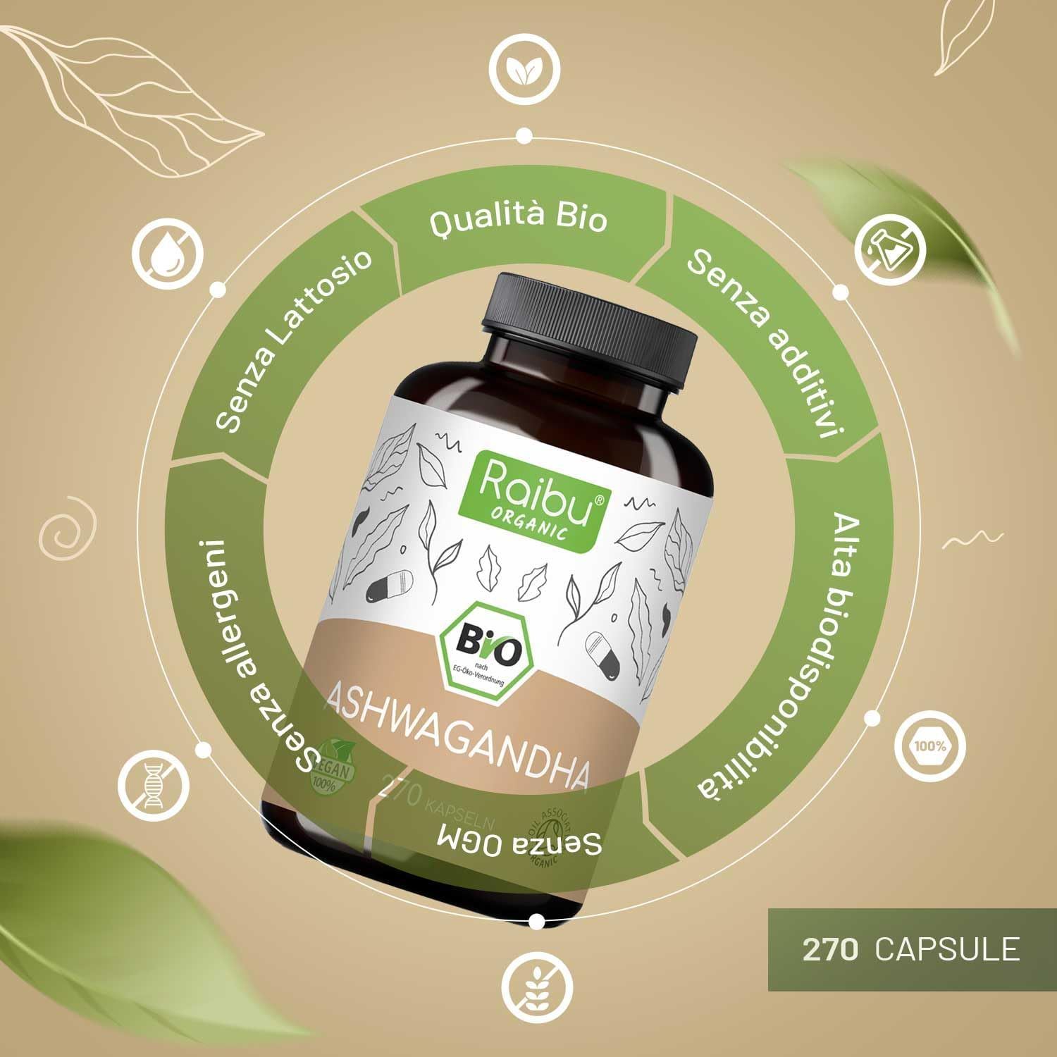 Flacone di capsule circondato da icone. Scritta: Raibu Organic, Ashwagandha, 270 capsule, qualità bio, senza additivi.