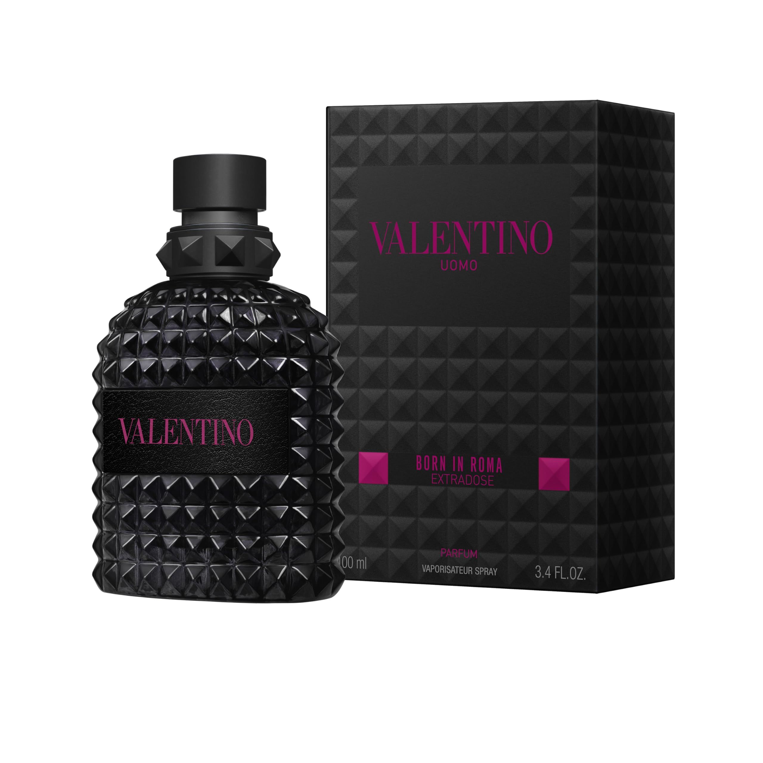 Flacone e confezione neri. Scritta VALENTINO. Born in Roma Extradose. Texture nera a forma di piramidi.