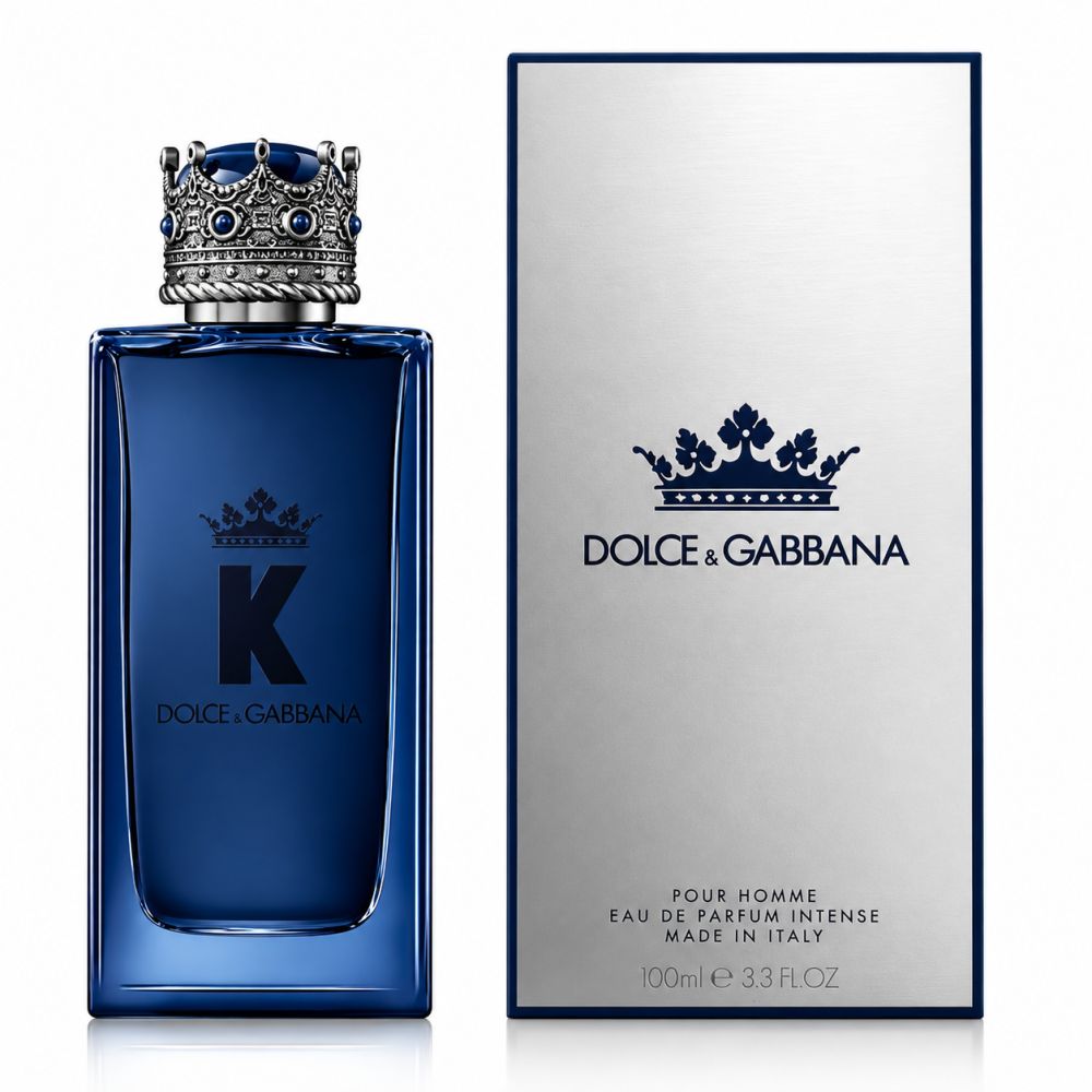 Flacone e confezione D&G K Eau de Parfum Intense con tappo regale.