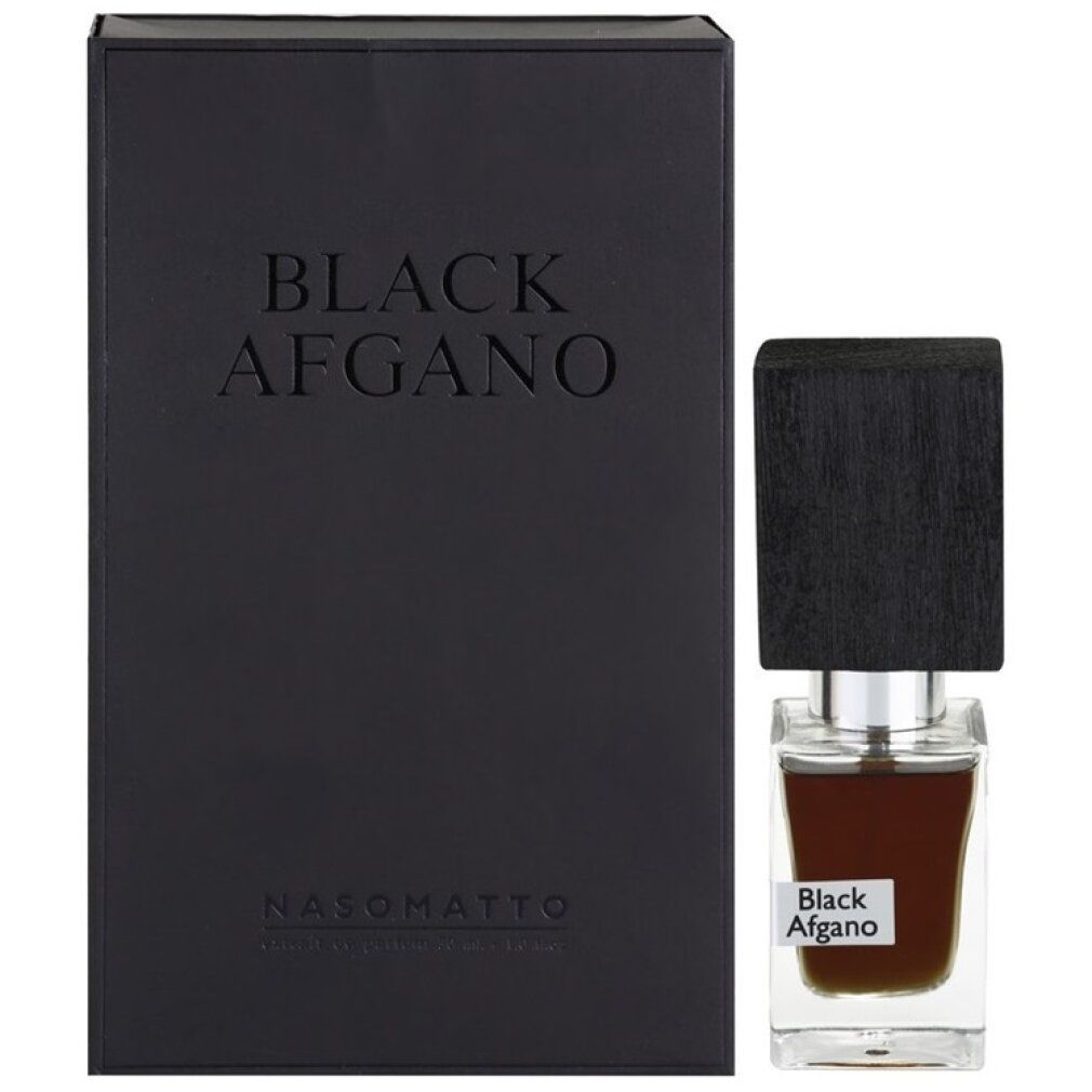 Scatola nera e flacone. Scatola con "BLACK AFGANO" e "NASOMATTO". Flacone con tappo in legno ed etichetta.