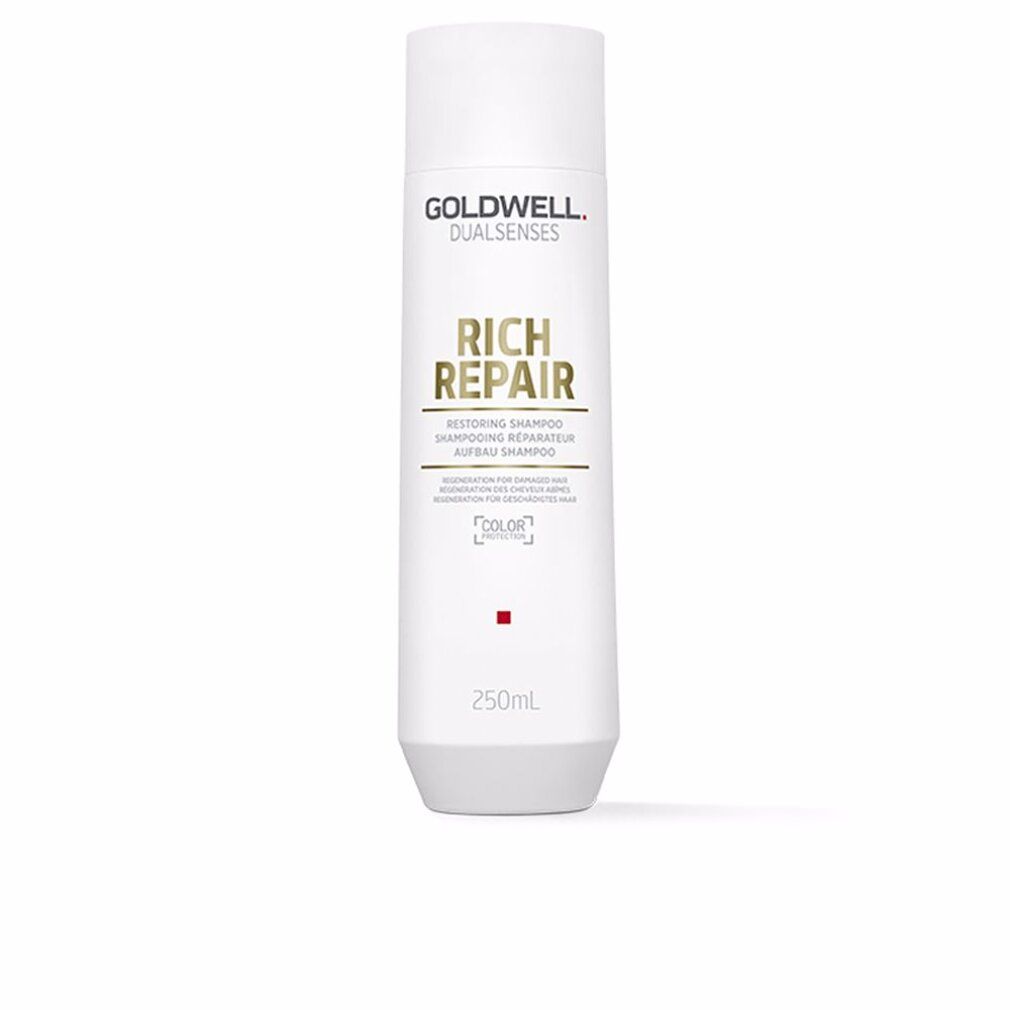 Shampoo bianco con logo Goldwell e scritta Rich Repair. Flacone con tappo bianco e quadrato rosso.