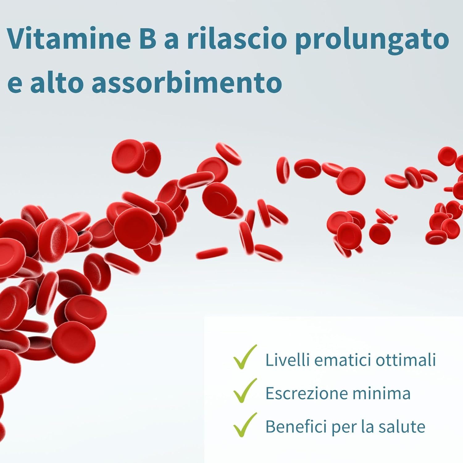 Globuli rossi. Testo: Vitamine B a rilascio prolungato e alto assorbimento. Vantaggi: Livelli ematici ottimali, Escrezione minima, Benefici per la salute.
