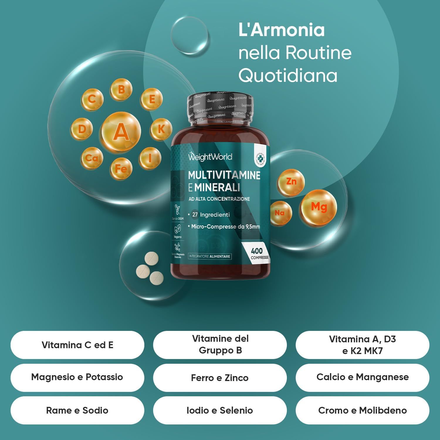 Flacone marrone WeightWorld Multivitamine & Minerali. 27 ingredienti. 400 compresse. Vitamine e minerali.