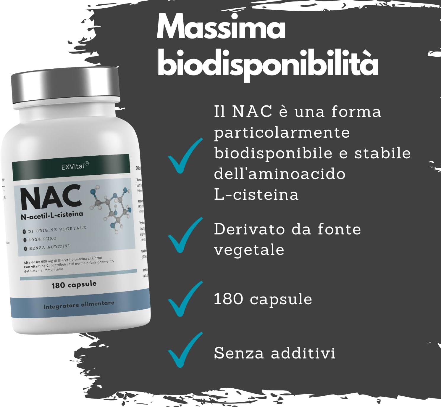Flacone con capsule. Testo: EXVital NAC, N-Acetil-L-Cisteina, 180 capsule. Massima biodisponibilità.
