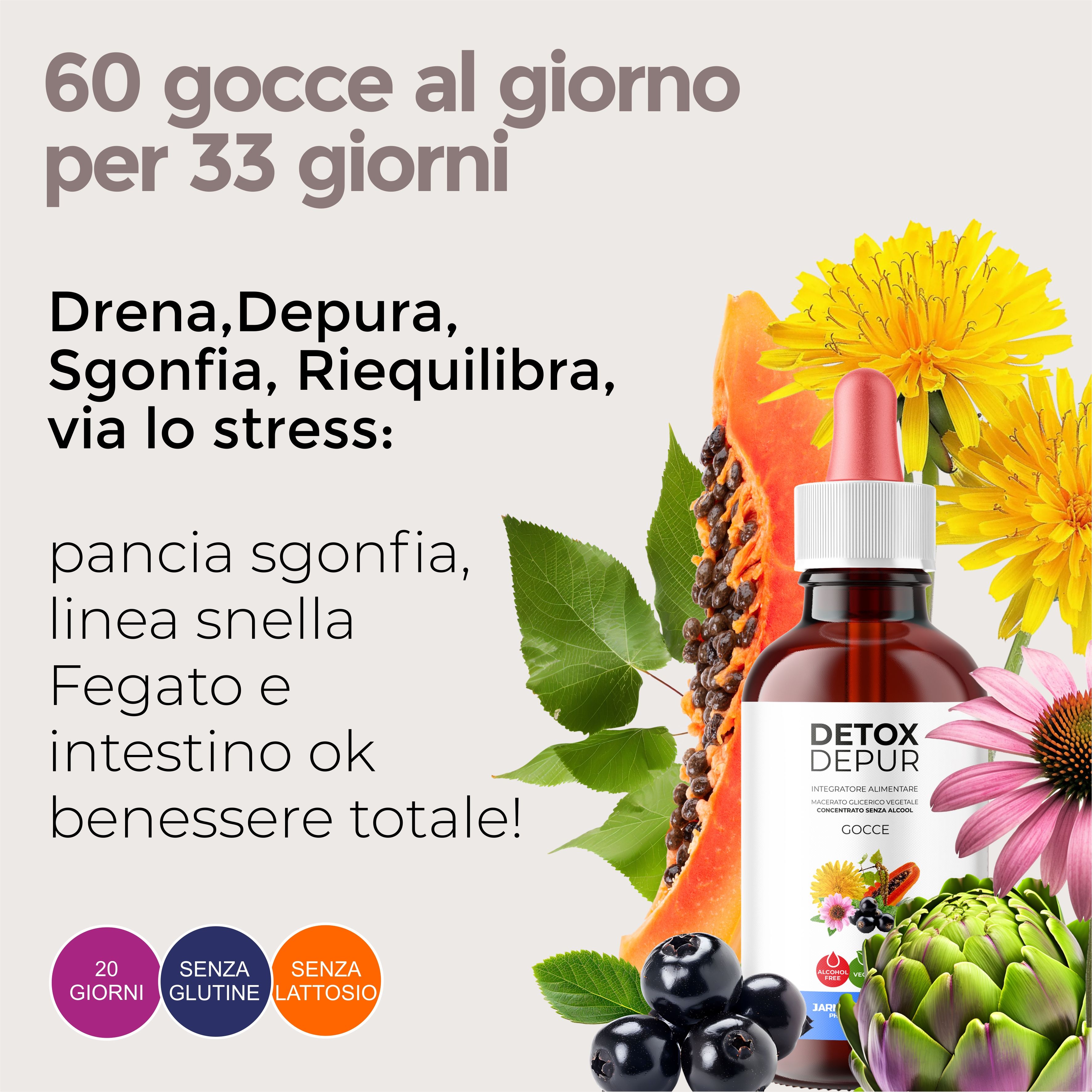 Flacone Detox Depur circondato da frutta e fiori. Testo: 60 gocce al giorno per 33 giorni.