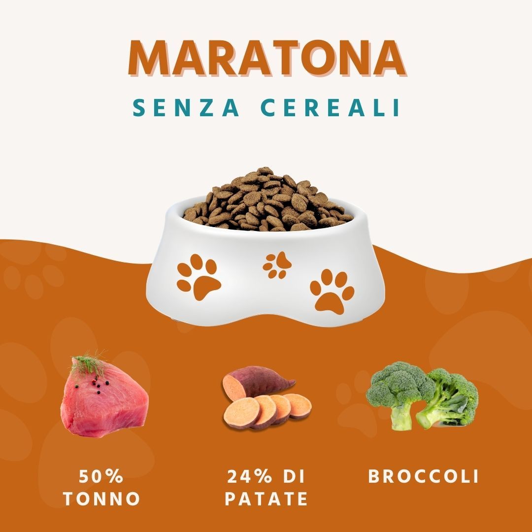 Ciotola di cibo secco per cani. Ingredienti: tonno, patate dolci, broccoli. Testo: Maratona Senza Cereali.