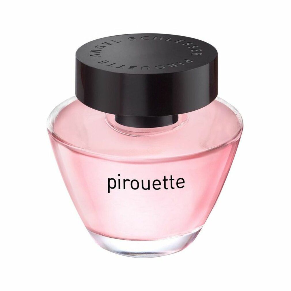 Flacone di profumo, liquido rosa, tappo nero, scritta "pirouette".