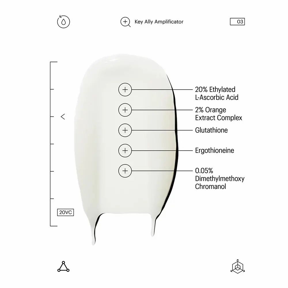 Macchia bianca con ingredienti: 20% Ethylated L-Ascorbic Acid, 2% Orange Extract Complex, Glutathione, Ergotioneine, 0.05% Dimethylmethoxy Chromanol.
