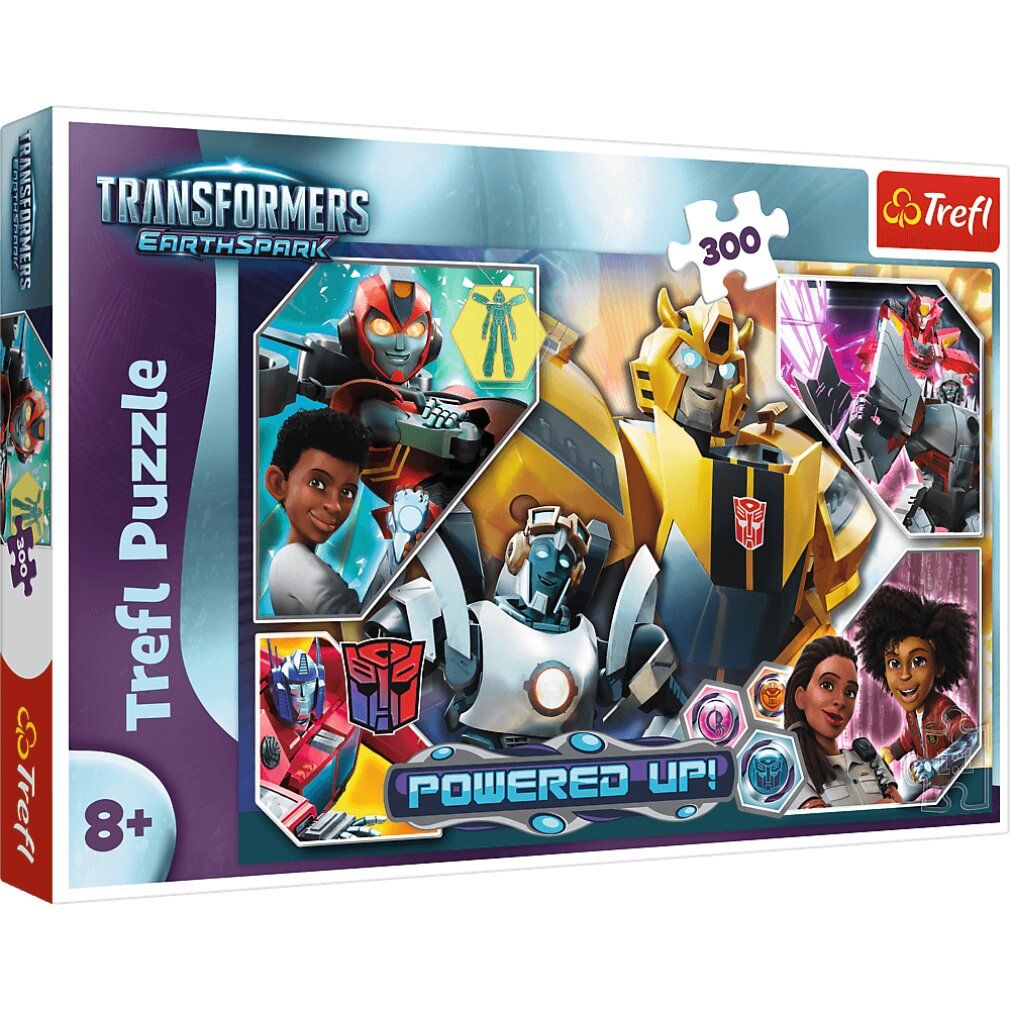Puzzle Trefl Transformers, 300 pezzi. Confezione con personaggi e logo.