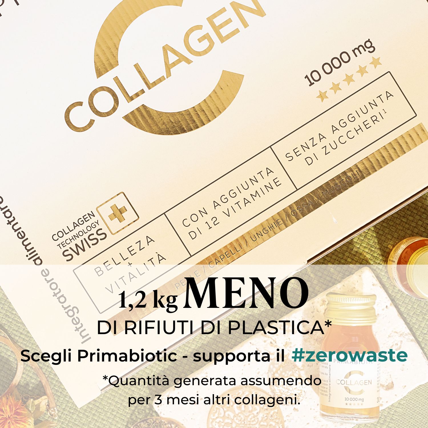 Scatola di Primabiotic Collagen. Scritta: Collagen, 10.000 mg, senza zuccheri aggiunti. Testo: 1,2 kg in meno di rifiuti di plastica. #zerowaste.